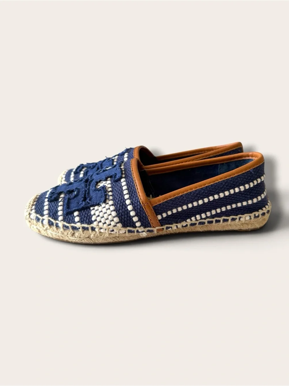 Tory Burch Navy and Cream Woven Espadrille Flats